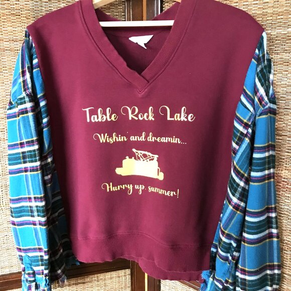 Upcycled Sweatshirt Flannel, M-XL: Oversized Table Rock Lake Pontoon Graphic Tee - Picture 5 of 10